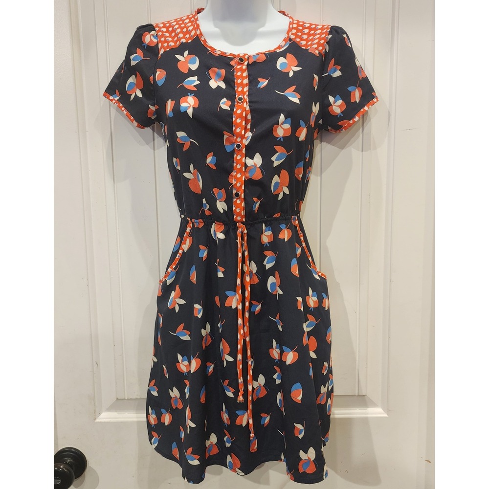 Women's Small Navy Orange Floral Fit & Flare Dress Short Sleeve Pockets
